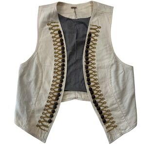 Free People Military Band Vest Cream Gold Soutache Trim Button Cropped Medium